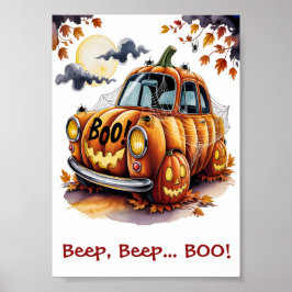 Póster Lindo Jack O Lantern Calabaza Coche Espeluznante d