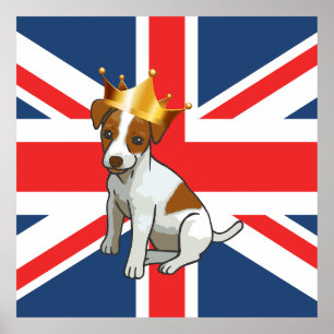 Póster Lindo Jack Russell con una Corona y Union Jack