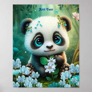 Póster Lindo Jardín de Flores Azules de Panda Caprichoso 