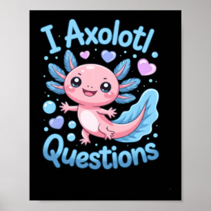 Póster Lindo Kawaii Axolotl Preguntas Azul Y Rosa