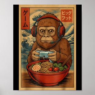 Póster Lindo Kawaii Jugador Bigfoot Ramen Retro Japonés U