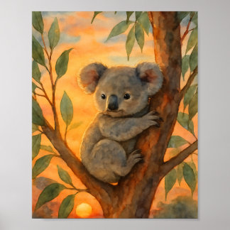 Póster Lindo Koala en Acuarela en un Árbol de Eucalipto