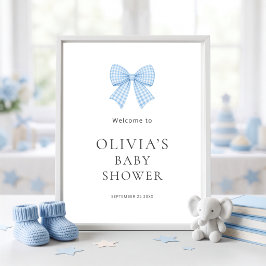 Póster Lindo lazo de gingham azul Bienvenida Baby Shower