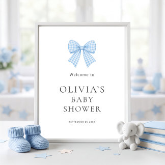 Póster Lindo lazo de gingham azul Bienvenida Baby Shower 