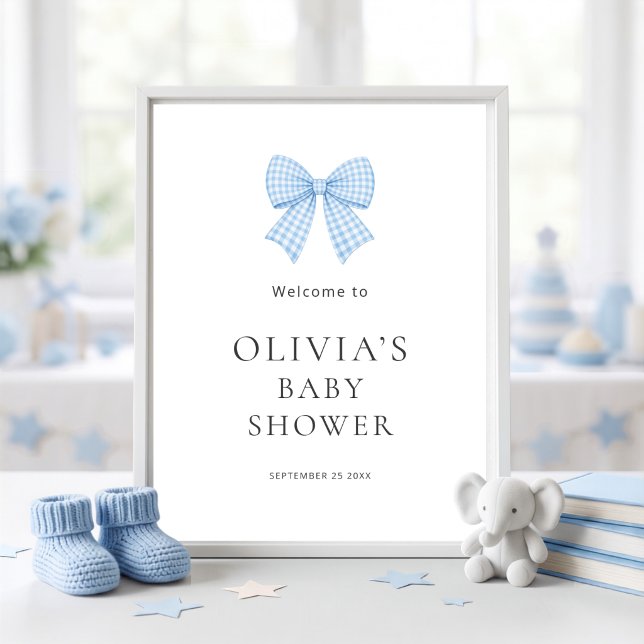 Póster Lindo lazo de gingham azul Bienvenida Baby Shower  (Subido por el creador)