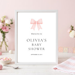 Póster Lindo lazo de gingham rosa Bienvenida Baby Shower