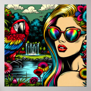 Póster Lindo loro y hermosa mujer en el jardín