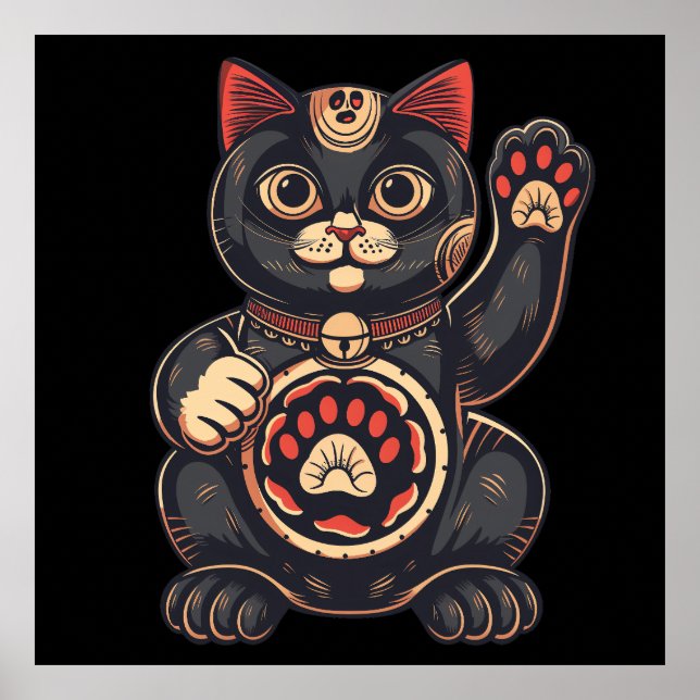 Póster lindo Maneki Neko gato impreso en japonés (Frente)