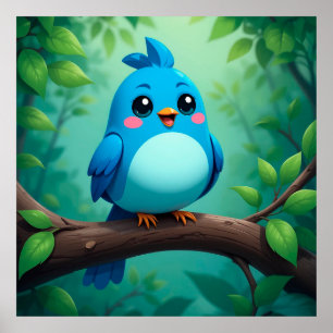 Póster Lindo Pájaro Azul de Dibujos Animados