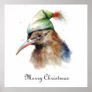 Póster Lindo pájaro Kiwi con sombrero de duende de Navida
