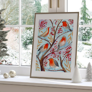 Póster Lindo pájaro petirrojo rojo azul familia Navidad