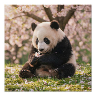 Póster Lindo Panda Sosteniendo Flor de Cerezo en Primaver
