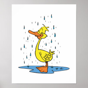 Póster lindo pato de charco en la lluvia