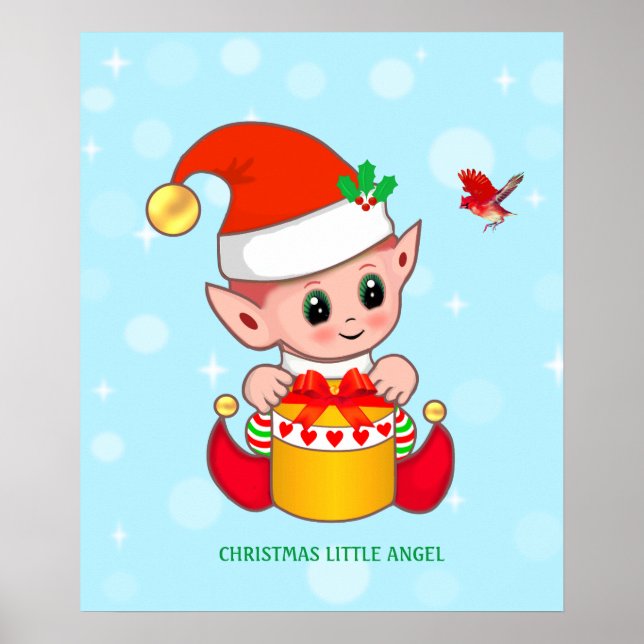 Póster Lindo pequeño elfo de Navidad y pájaro rojo (Frente)
