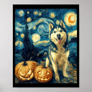 Póster Lindo perro Husky Siberiano Halloween Jack O Linte