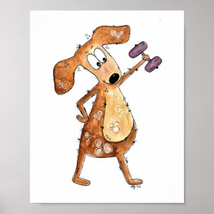 Póster Lindo perro marrón caprichoso levantando pesas