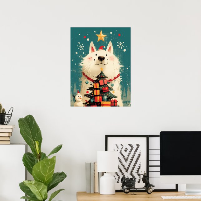 Póster Lindo perro Samoyed con Navidad (Oficina en casa)