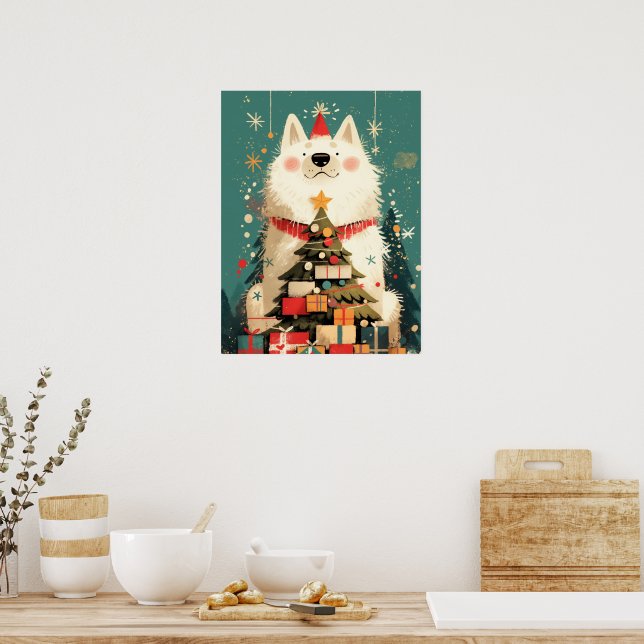 Póster Lindo perro Samoyed con vacaciones de Navidad (Cocina)