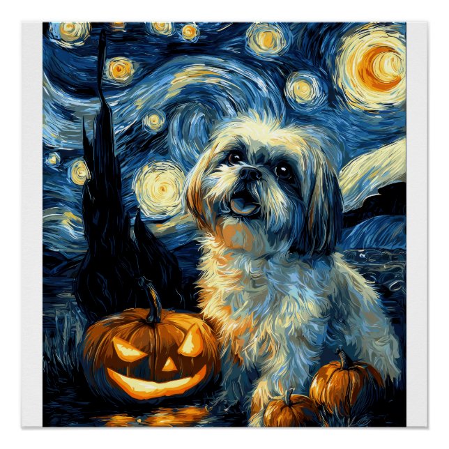 Póster Lindo perro Shih Tzu Halloween Jack O Lantern Cala (Anverso)