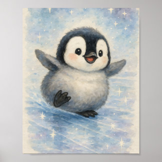 Póster Lindo pingüino bebé en acuarela y estrellas brilla