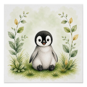 Póster Lindo pingüino botánico acuarela vida silvestre