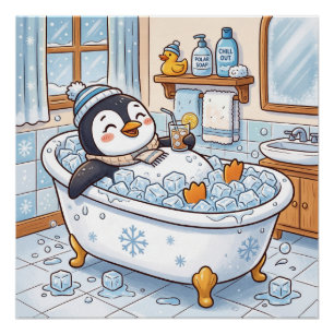 Póster Lindo pingüino de dibujos animados feliz tomando u