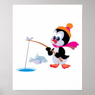 Póster lindo pingüino de pesca de hielo