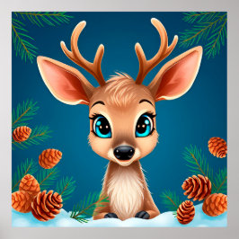 Póster Lindo reno de dibujos animados en invierno con piñ