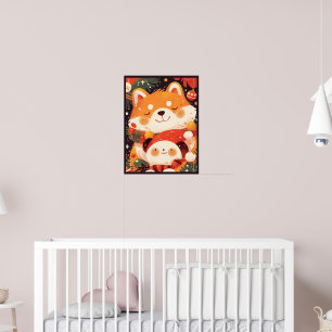Póster Lindo Shiba Inu abrazando peluche de panda
