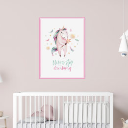 Póster lindo unicornio mágico niñito rosa