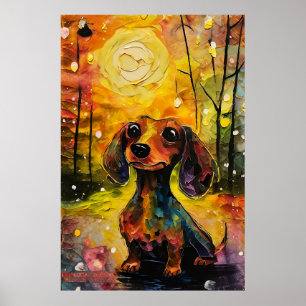 Póster Lindo y caprichoso cachorro dachshund en el bosque
