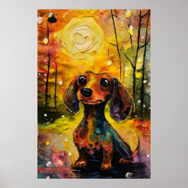 Póster Lindo y caprichoso cachorro de dachshund en el bos
