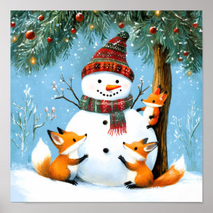Póster Lindo zorro y muñeco de nieve del bosque invernal