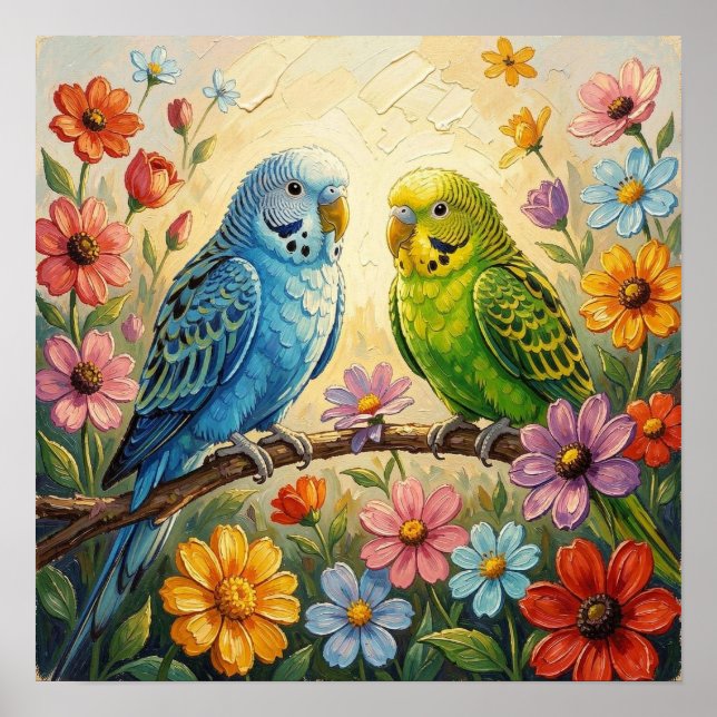 Póster Lindos periquitos azules y verdes (Frente)