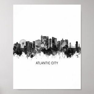 Póster Línea aérea de Atlantic City New Jersey Skyline BW