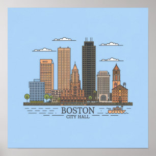 Póster Línea aérea de Boston City Skyline, mamáes de Bost