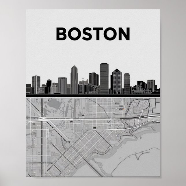 Póster Línea aérea de Boston Massachusetts City con Poste (Frente)