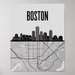 Póster Línea aérea de Boston Massachusetts con mapa