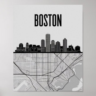Póster Línea aérea de Boston Massachusetts con mapa