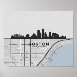 Póster Línea aérea de Boston Massachusetts con mapa