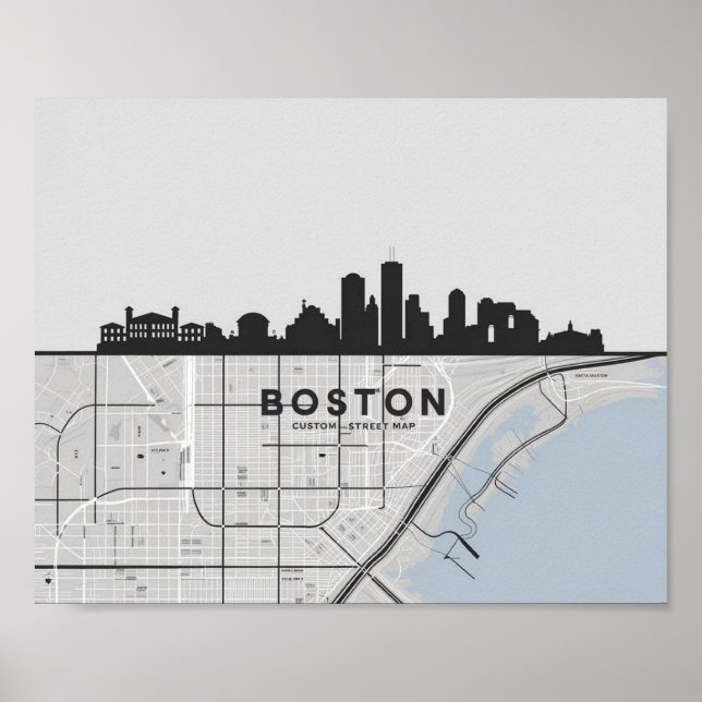 Póster Línea aérea de Boston Massachusetts con mapa (Frente)