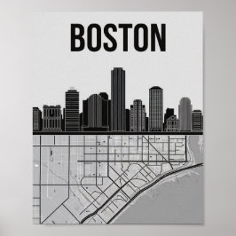 Póster Línea aérea de Boston Massachusetts con mapa