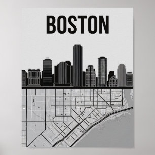 Póster Línea aérea de Boston Massachusetts con mapa