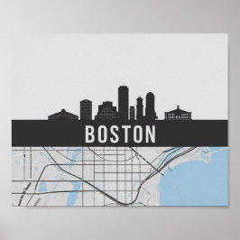 Póster Línea aérea de Boston Massachusetts con mapa