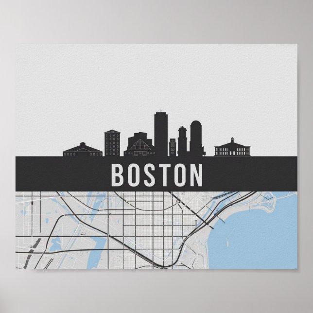 Póster Línea aérea de Boston Massachusetts con mapa (Frente)
