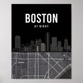 Póster Línea aérea de Boston Massachusetts con mapa