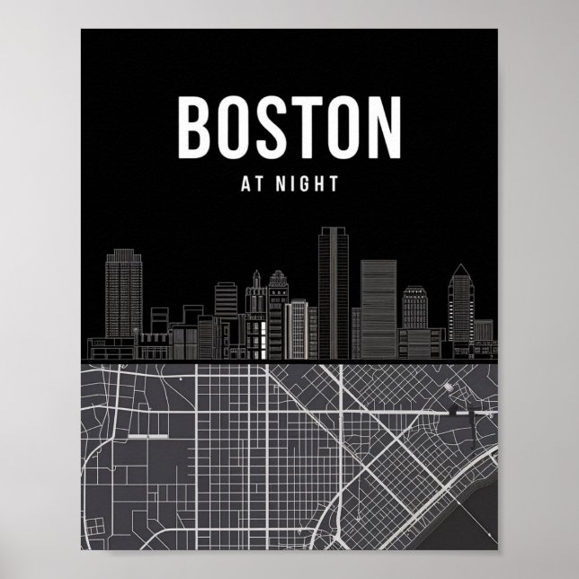 Póster Línea aérea de Boston Massachusetts con mapa (Frente)
