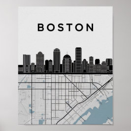 Póster Línea aérea de Boston Massachusetts con mapa