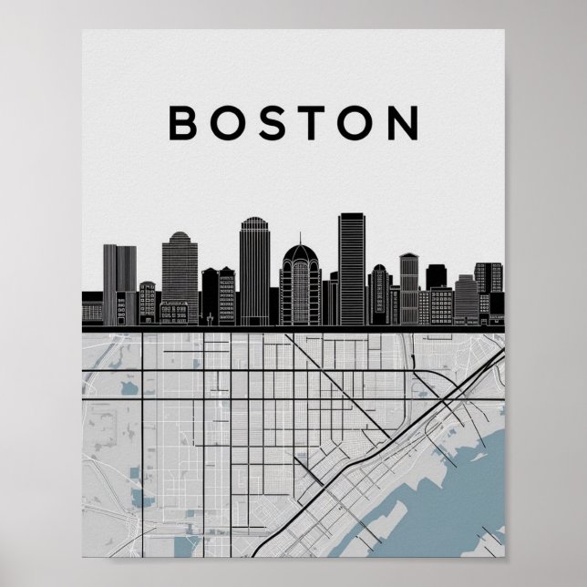 Póster Línea aérea de Boston Massachusetts con mapa (Frente)