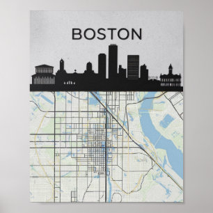 Póster Línea aérea de Boston Massachusetts con mapa